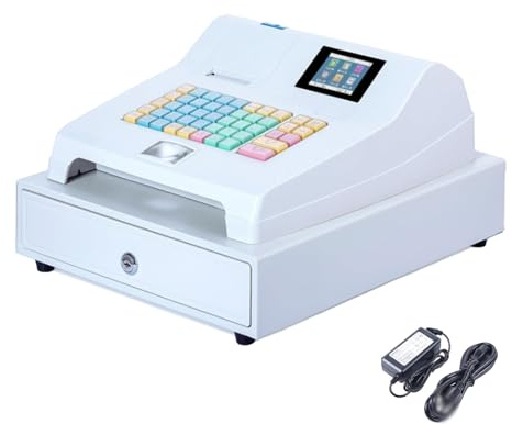 WUCIOA Elektronische Registrierkasse für den gewerblichen Gebrauch, 48-Tasten-Kasse mit Kassenschublade, 8 Digitale LED-Doppelanzeigen, 57-mm-Thermodrucker, individueller Belegdruck, für Märkte