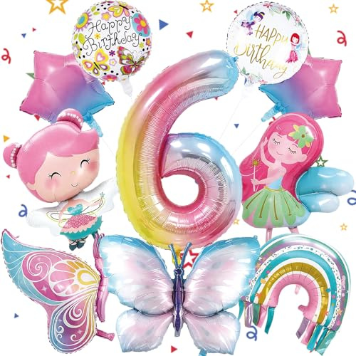 10 Stück Bunt Schmetterling Luftballons Set,6 Jahre Geburtstagsdeko Mädchen | Schmetterlinge Folienballon, mit Band, Geburtstagsdeko Feen, für Kindergeburtstag, Themen Party, Festival Party Dekoration