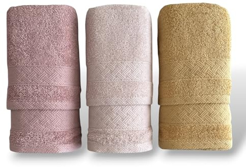 Bifulco x Rebecca Home Set di 6 Asciugamani in Spugna 100% Cotone 3 Viso 60x100 + 3 Ospite 40x60 con Balza Jacquard Art. Treccia (Rosa/Cipria/Giallo)