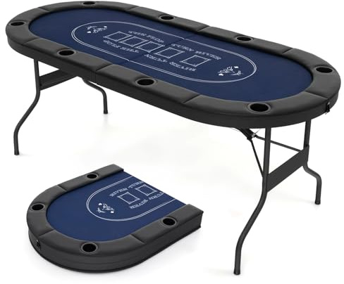 DREAMADE Faltbarer Pokertisch für 8 Spieler, Poker Table Spieltisch mit Getränkehalter, Poker Tisch Roulette Tisch mit Metall-Rahmen 182 x 82 x 75 cm (Blau)