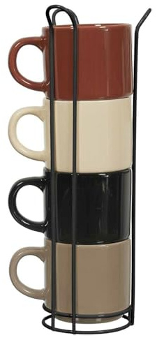 HowHomely | Juego de tazas de cerámica con soporte de metal – 4 tazas de café retro, tazas de té modernas, tazas de café para cocina, juego de vajilla, juego de tazas