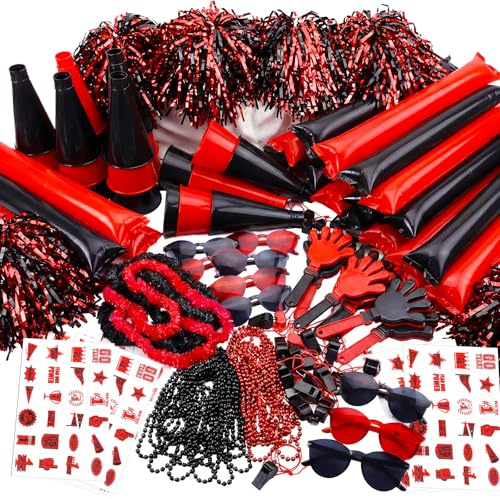 Soulchen 360 Stück rot und schwarz Team Spirit Zubehör Bulk Spirit Day Pep Rallye Zubehör Sportveranstaltungen Party Cheerleading Pom Poms Hand Klatscher, Donner Stick Whistle Megaphon