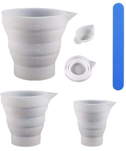 SHUOHONG 4 Stück Silikon Messbecher Set, mit Skala Clear, 10ml/100ml/250ml/500ml, Faltbarer Silikonbecher zum Gießen mit Rührstäbe, Measuring Cups, Diy-Schmuckwerkzeug für Kunstharz und Kunsthandwerk
