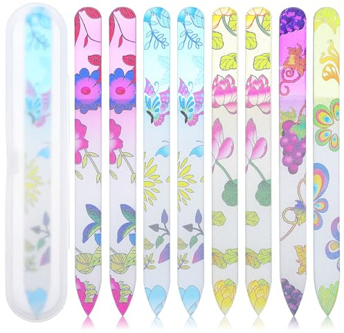 8 PCS Glass Nail Files with Case, Double Sided Crystal Nail File Colorful Floral Nail File Buffers Professional Manicure Tools Nails Care Fingernail Files for Women Natural Nails & Fake Nail Care