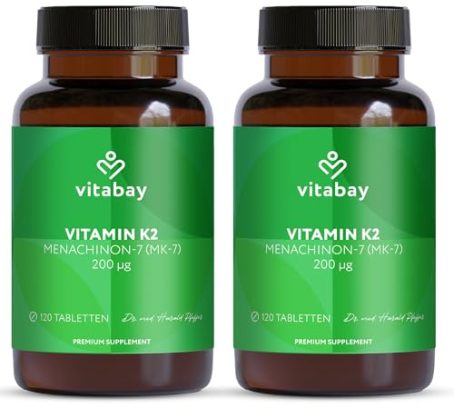 Vitabay Vitamin K2 Hochdosiert 200 µg (mcg) - 240 Vitamin K2 Tabletten Vegan & Laborgeprüft - MK-7 (Menachinon-7) aus natürlichen Zutaten in All-Trans Form - Hohe Bioverfügbarkeit