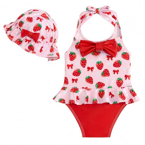 JiAmy Mädchen Badeanzug Set 2-teilig UV-Schutz 3-6 Monate, Rote-Erdbeere