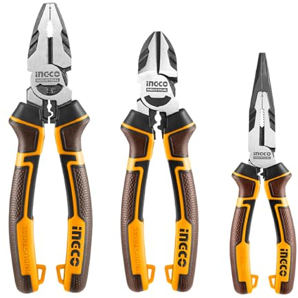 INGCO Set med 3 st tång med hög hävstång, 20 cm kombinationstång 17,78 cm diagonal skärtång 15,2 cm lång nästång HKHLPS2831