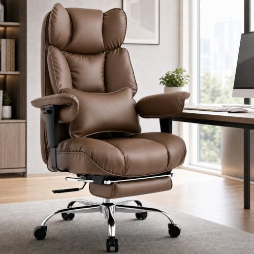 Efomao Bürostuhl mit Fußstütze, hoher Chefsessel Schreibtischstuhl, PU-Leder Drehstuhl Computerstuhl mit Lendenkissen, gepolsterten Armlehnen, höhenverstellbar, Home Office
