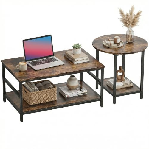 HOMCOM Beistelltisch 2er-Set Moderner Couchtisch mit Ablage, Rustikal-Braun | Stahlgestell, Wohnzimmertisch, Kaffeetisch, Wohnzimmer, Schlafzimmer