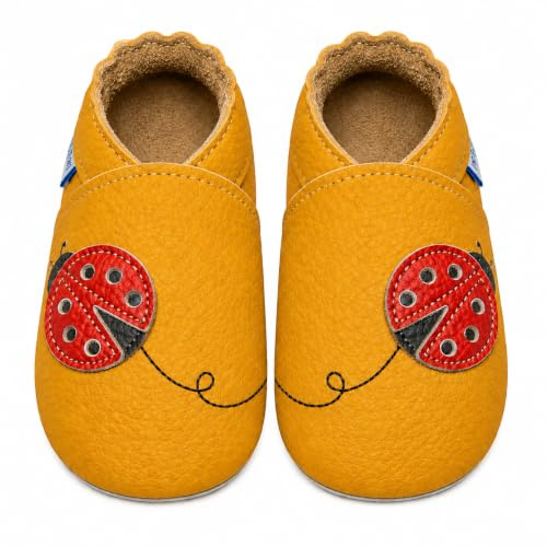 YIHAKIDS Krabbelschuhe Baby Weiche Leder Lauflernschuhe Kleinkind Lederschuhe Hausschuhe Babyschuhe Lederpuschen Lernlaufschuhe Mokassins(Size XL, Orange Marienkäfer, 18-24 Monate, 24/25 EU)