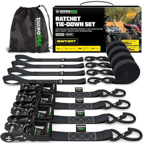 Rhino USA Schwerlast-Ratschengurt-Kit (4er-Pack) – 4 cm x 2,4 m (2.000 kg Bruchlast) – Ultimative Zurrgurte mit Sicherheits-S-Haken für LKWs, ATV, UTV, Motorräder, Ladung und mehr – Schwarz