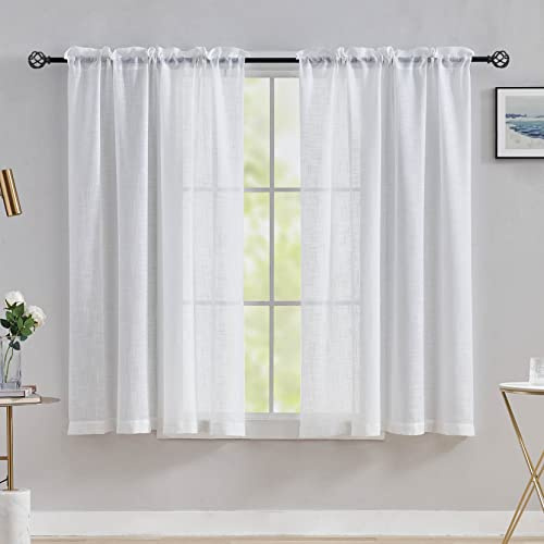 Home Brilliant White Linen Look Curtains Window Voile Panels Sheer Curtains for Bedroom Kitchen Closet Tier Curtains Rod Pocket, Set of 2, 54 Inch x 45 Inch