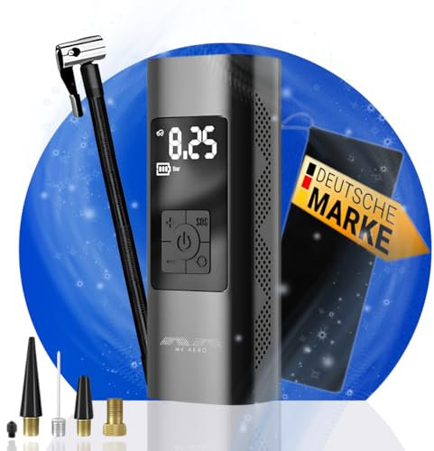 MK Aero™ Mobile Elektrische Luftpumpe 12V 6000mAh Mini Reifenpumpe aufladbar 10,3Bar/150PSI Kompressor mit Manometer für Auto, Motorrad, Fahrrad und Bälle, Powerbank, 4 Ventile