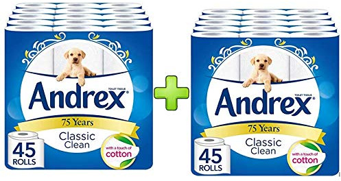 Andrex Classic Clean Toilet Roll Tissue Paper - 90 Rolls Bulk Multi Pack Offer