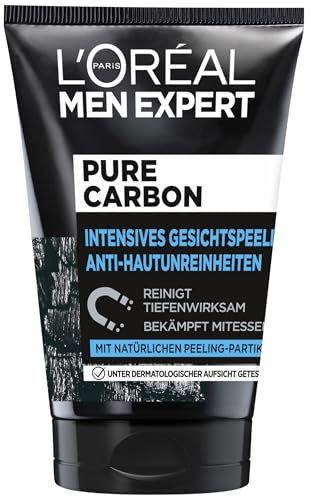 L'Oréal Men Expert Gesichtspeeling gegen unreine Haut für Männer, Face Scrub gegen Mitesser und Pickel Unreinheiten, Herren Cleanser für das Gesicht mit Peeling Partikeln, Pure Carbon, 1 x 100 ml