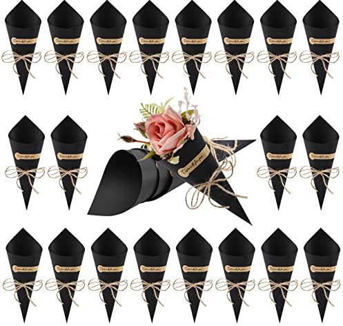 WANDIC Kraftpapier-Zapfen, 50 Stück, schwarze Hochzeitskonfetti-Kegel, Blumenstrauß, Blütenblätter, Süßigkeitentüten, Blumenhalter mit Hanfseilen, Etikettenaufkleberband