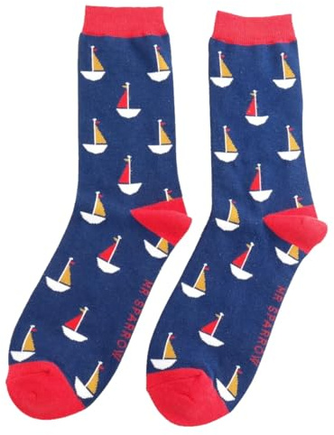 LilyRosa Mens Sailing Boat Socks 6-11 Sail Boats Blue Mustard 1 Pair (Blue)