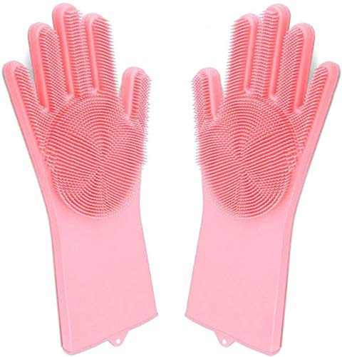 Pink Cleaning Gloves Pair - Dishwasher Reusable Silicone Brush Rubber Gloves - Heat Resistant Multipurpose for Kitchen, Bathroom, Pet Hair, Car Washing - Non-Allergic, Latex-Free, Sterilizable Glove