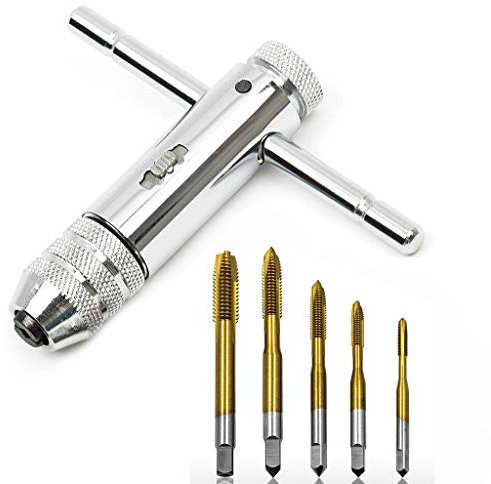Gewindebohrer Set Gewindeschneider M3 M4 M5 M6 M8 5Stück Ratschengewindebohrfutter HSS Verstellbarer T-Griff Maschinen-Ratschenschraube Gewindefräser Titan-beschichtet Werkzeughalter