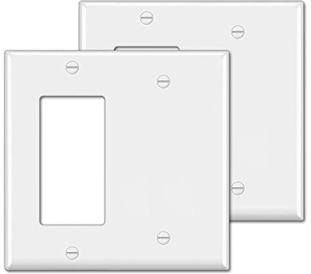 [2 Pack] BESTTEN 2-Gang Combination Wall Plate, 1-Gang Decorator Switch Cover, 1-Decor/1-Blank, Standard Size, Unbreakable Polycarbonate, White