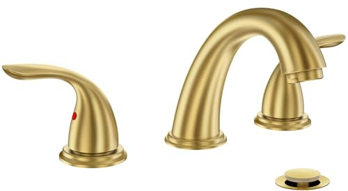 Phiestina 8 Inch Brushed Gold Widespread 2-Handle 3 Hole Bathroom Faucet with Metal Pop-Up Drain Assembly, Low Arc Bathroom Sink Faucet,WF008-5-BG