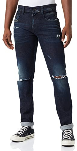REPLAY Men's Anbass Broken Edge Jeans, 007 Dark Blue, 34 W/32 L