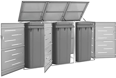 Atlojoys Mülltonnenbox für 3 Tonnen, wetterfest Mülltonnenverkleidung, Müllbox, Müllhaus, Outdoor Aufbewahrungsbox, 207x77,5x115 cm Edelstahl