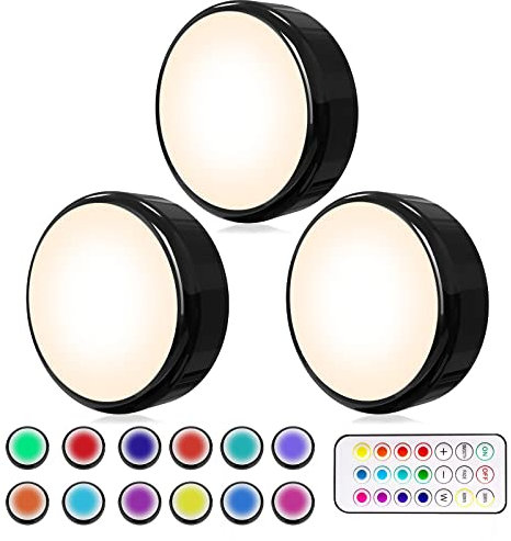 HELPLEX Unterbauleuchten, 3 RGBW Kabellose Schrankbeleuchtung 16 Farben LED Nachtlicht mit Fernbedienung Timing-Funktion, Batteriebetriebene Schrankleuchten Beleuchtung Dimmbar Treppenlicht, Schwarz