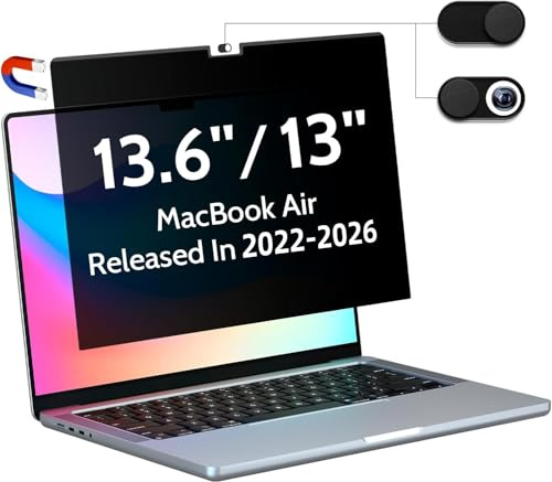 Peslv Écran de confidentialité magnétique pour MacBook Air 13,6/13 (2022-2025, M2, M3, M4), filtre de sécurité privé amovible mat anti-reflet pour ordinateur portable Mac de 13,6
