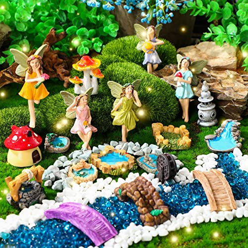 19 st älva trädgårdstillbehör miniatyrer älvor tomtefigurer harts trädgård svamp hus figurer falsk damm gräsmatta bro figurer terrarium ornament trädgård älva dekoration för utomhus (ängel)
