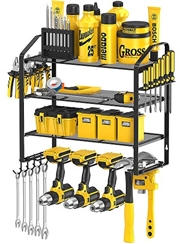 Mutool Power Tool Organizer Storage Rack Wall Mount Drill Holder for 4 Power Drill Tools, Mesh anti-drop design, Tool Shelving with Side Screwdriver Rack and hooks for Garage, Workshop (Black)