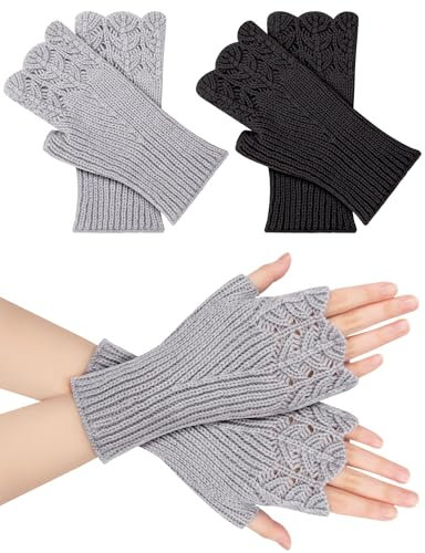 Becellen 2 Paar Fingerlose Handschuhe Damen, Winter Warme Pulswärmer Stricken Halb Fingerlose Handstulpen für Frauen Mädchen (Schwarz/Grau)