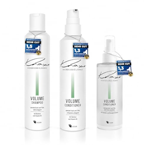 Knaus Volume Set 3-teilig - Friseur Shampoo Conditioner und Energy Spray mit Bambus, Vitamin B5 und Keratin für feines Haar, gegen kraftloses dünnes Haar, vegan, 2x200ml plus 100ml