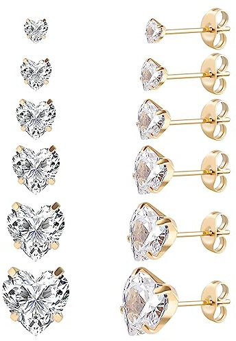 6 Pairs Surgical Stainless Steel Stud Earrings Screw back Heart Star Square Princess Cut Round CZ Stud Earrings Set for Women
