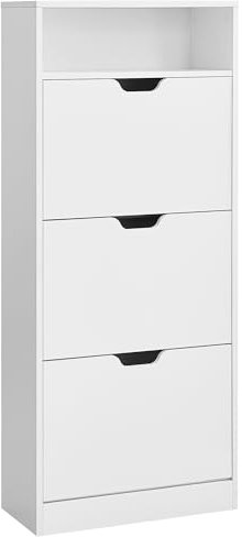 VASAGLE Shoe Cabinet 3 Flip Doors, 4 Tier Shoe Rack, with 1 Open Compartment, Adjustable and Removable Divider, for 14-18 Pairs Shoes, for Narrow Entrance, 24 x 60 x 130 cm, Cloud White LBC046W01