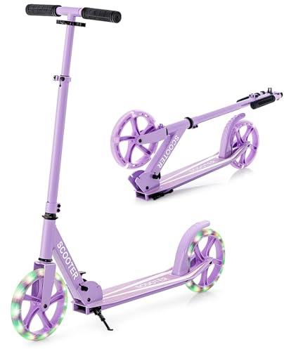 GYMAX Kinderroller klappbar, Kinderscooter, Scooter mit 2 LED-Räder & 3 einstellbaren Höhenpositionen, Tretroller bis zu 100 kg belastbar, Kickscooter für Kinder ab 10 Jahren (Lila)