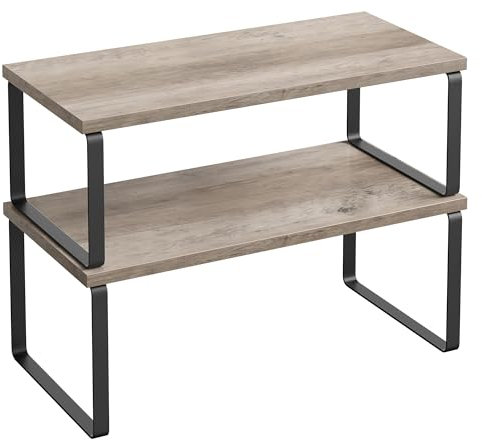 SONGMICS Estante para Especias, Juego de 2, Organizador de Armario, Estante de Almacenamiento de Cocina Extensible, Especiero de Metal y Madera de Ingeniería, Negro Tinta y Greige KCS200X02
