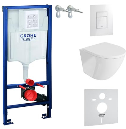 Lavita Vorwandelement Solido + Wand Hänge WC Sofi Weiß Spülrandlos + WC Sitz mit Absenkautomatik Glänzend Weiß Knopf Komplettset Unterputz Spülkasten Toilette Komplett Sett WC