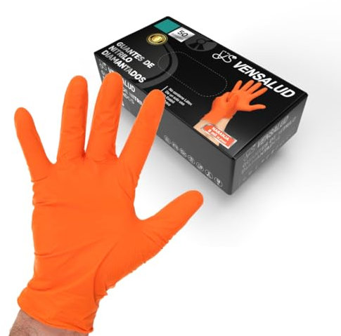 VENSALUD Lot de 50 gants en nitrile diamantés - Extra solides et résistants - Pour ateliers mécaniques, jardinage, cuisine, montage, vétérinaire, nettoyage | sans latex | Orange | M