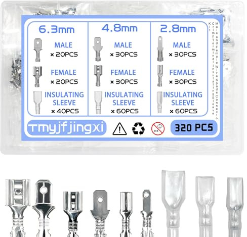 Tmyjfjingxi 320PCS 2.8/4.8/6.3mm Spade Wire Terminal Connectors Male and Female Crimp Speaker Wire Connector with Insulating Sleeve for Car Audio Speaker Wiring WW003