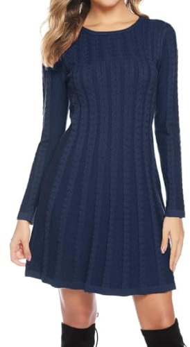 Gyabnw Vestito Casual Donna Invernale in Maglione Abito Vita Alta Elegante in Girocollo di Orlo Svasato Abito Linea A in Maglia al Ginocchio Caldo di Moda Treccia Ritorta, Blu Notte, XS