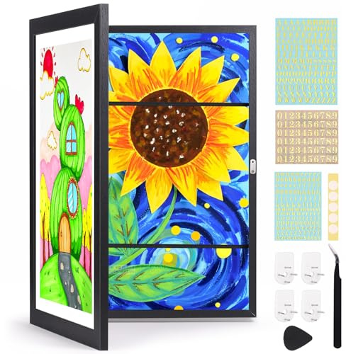 Bilderrahmen A3 für Kinderzeichnungen 34x46 cm, Schwarzer Wechselrahmen für bis zu 150 Kunstwerke, Präsentationsrahmen für Kinderkunst mit Magnetverschluss, kinder kunstrahmen frontöffnung a3