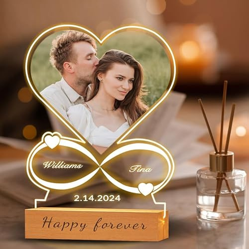 Personalized Custom Heart Picture Frame with Photo and Night Light | for Boyfriend & Girlfriend for Him & Her