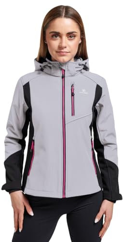 ATHL DPT. Damen moderne Softshelljacke wasserabweisende und atmungsaktive Funktionsjacke mit Kapuze, Winterjacke Hellgrau mit Schwarz, Gr. L