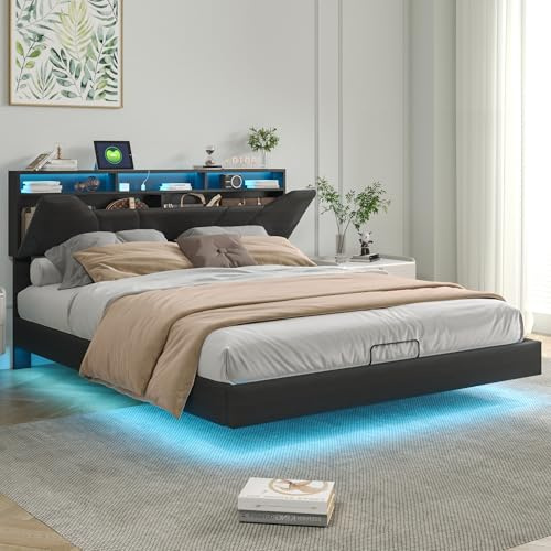 KEFSR 160 x 200 cm Schubladen Bettgestell, Polsterbettgestell mit LED und USB-Aufladung, Plattformbett mit Leinenkopfteil, Lattenrost aus Holz, kein Boxspring erforderlich (160 x 200 cm)