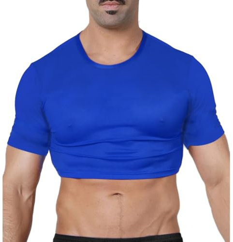 Uomo Muscle Fit Crop Top Manica Corta Fitness Cropped T-Shirt Blu XL