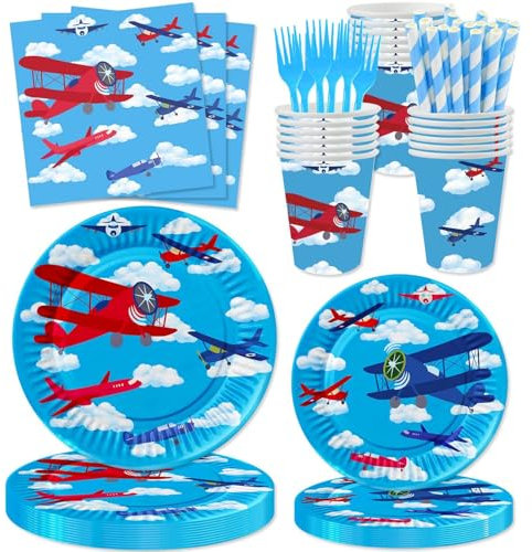 120 Pcs Airplane Birthday Party Supplies Airplane Aircraft Party Decoration Includes Paper Plates Cups Napkins Straws Forks for Aviation Theme Boys Baby Shower 1st 2nd 3rd 4th Birthday Decor Favors