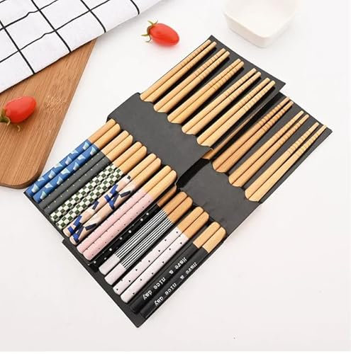 5 Pairs Japanese Chopsticks with Unique Pattern Dishwasher Safe, Reusable Non-Slip Chopstick Gift Set for Asian Dishes Sushi Rice Noodles, Nicely Black Boxed Chinese Chop Sticks
