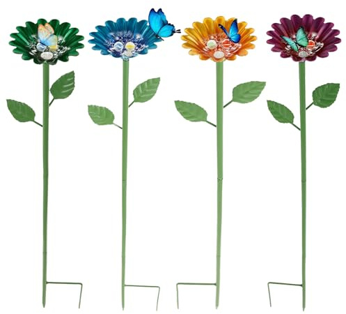 4Pack Garden Bee Watering Station with Adjustable Iron Stakes Colorful Metal Flower Garden Stakes Bird Feeders with Glass Marble Practical Bee Water Feeder Cups Decor for Outdoor Garden Yard