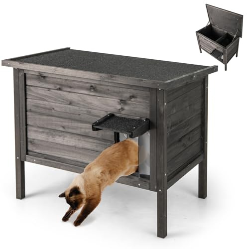 Maxmass Wooden Cat House, Outdoor Insulated Pet Shelter with Openable Asphalt Roof, Double Room & All-Round Styfoam, Elevated Cats Enclosure for Outside (Dark Gray + Black, 88 x 55 x 71 cm)
